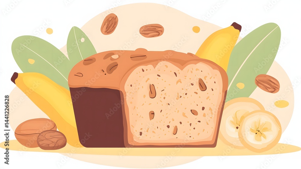 Fototapeta premium Delicious Banana Bread with Nuts and Fresh Bananas on a Background