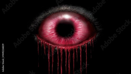 Extreme closeup of bloodshot eye weeping red liquid against dark backdrop, conveying horror and dramatic emotion.