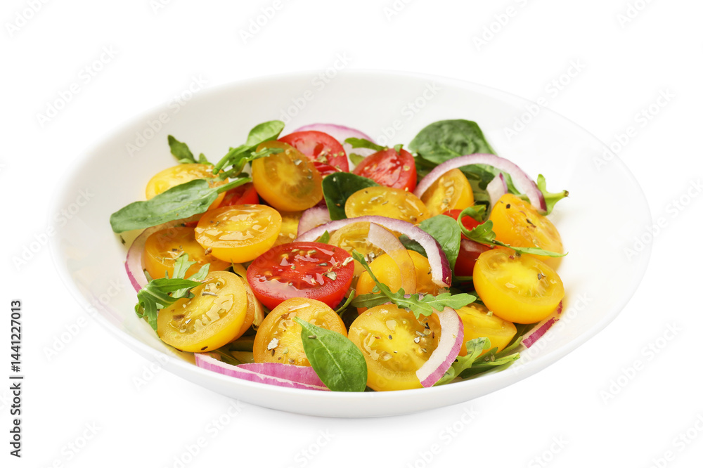 Fresh salad with yellow tomatoes isolated on white Fresh salad with yellow tomatoes isolated on white