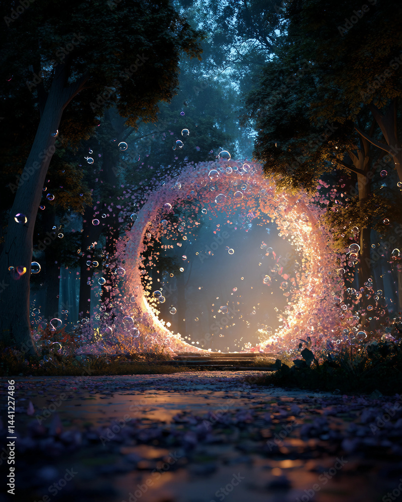Obraz premium A forest with a large, glowing, pink circle in the middle