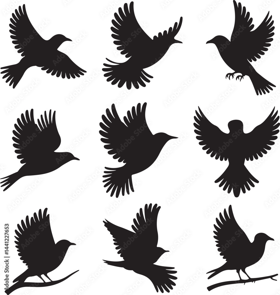 Obraz premium A collection of black bird silhouettes in various flying and perched positions, displayed on a white background