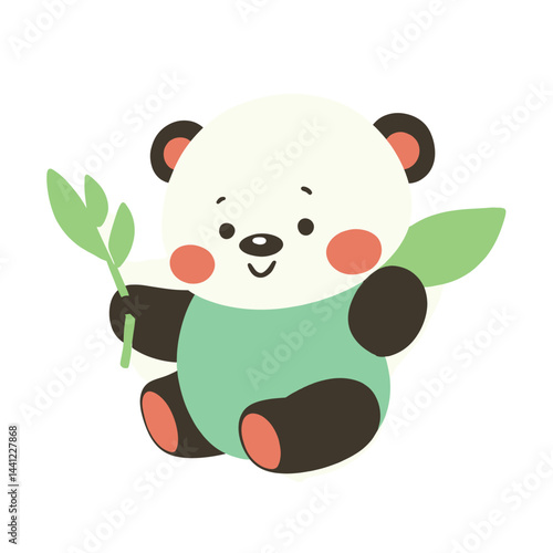 Cartoon Panda Mascot with Mint-Green Limbs Holding Bamboo, Cute Animal Illustration