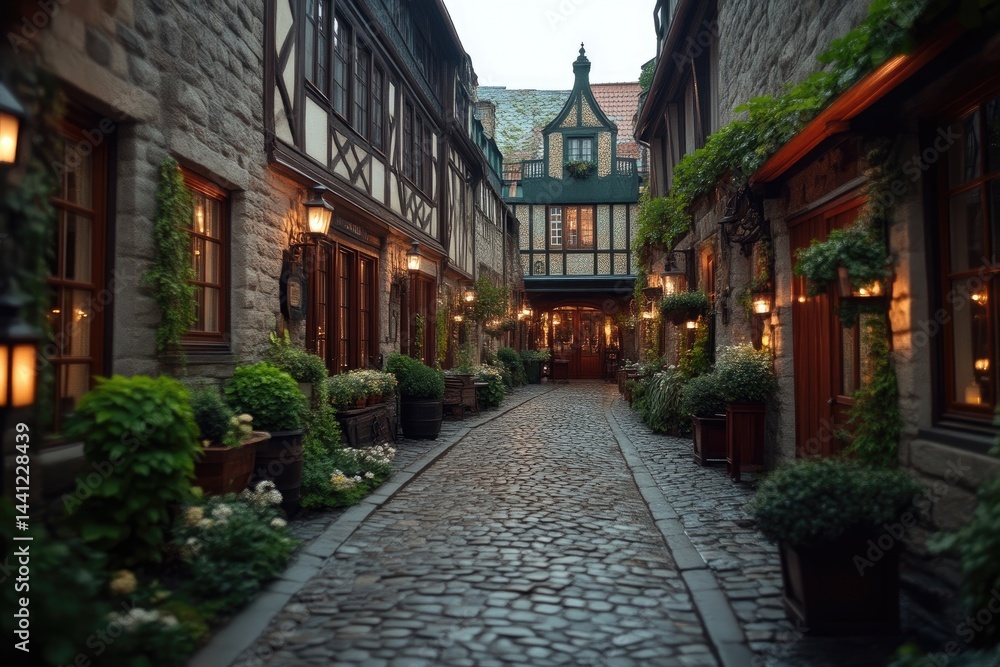 Fototapeta premium Cozy cobblestone street in an old European town lined with historic half-timbered houses and glowing lanterns at twilight.