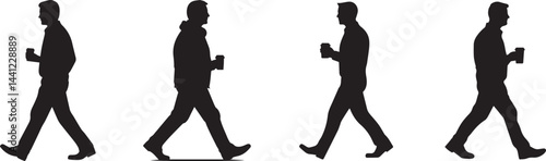 Silhouette Person Walking with Coffee Cup Morning Routine Vector Icon Set