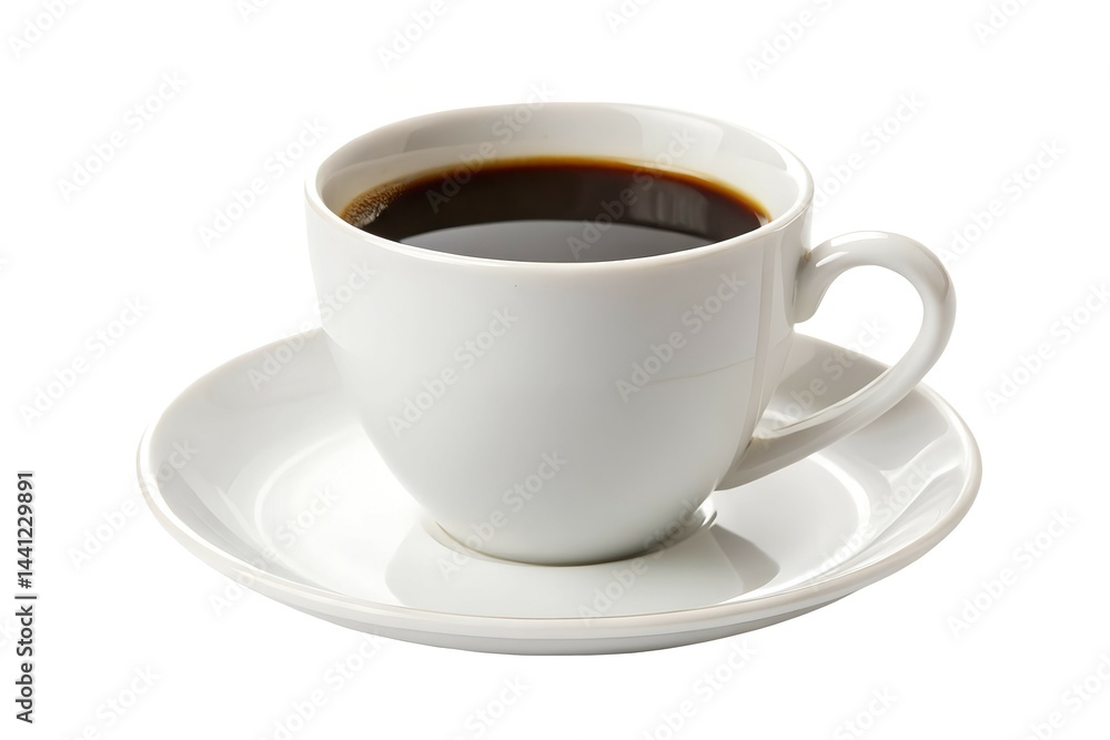 A white ceramic coffee cup filled with black coffee on a matching saucer, ideal for beverage photography. A white ceramic coffee cup filled with black coffee on a matching saucer, ideal for beverage photography.