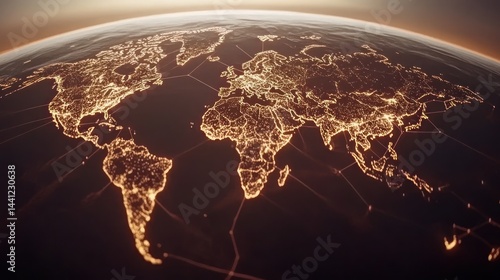 Global network connection, illuminated world map at night.