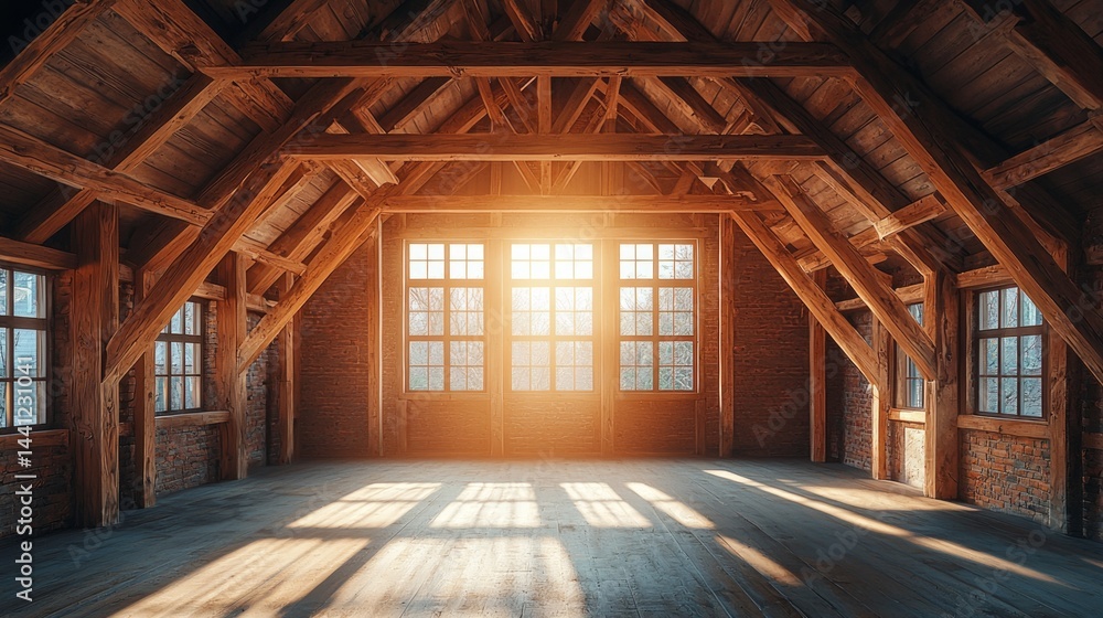 Rustic Attic Space with Wooden Beams and Sunlight Streaming Through Windows Rustic Attic Space with Wooden Beams and Sunlight Streaming Through Windows