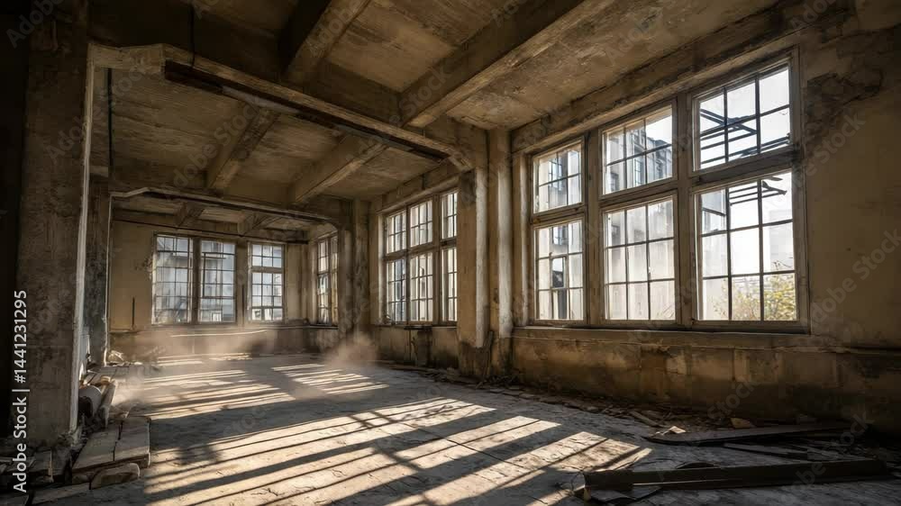 Large abandoned industrial space with weathered concrete walls, tall windows, and sunlight streaming into the empty interior creating long shadows Large abandoned industrial space with weathered concrete walls, tall windows, and sunlight streaming into the empty interior creating long shadows