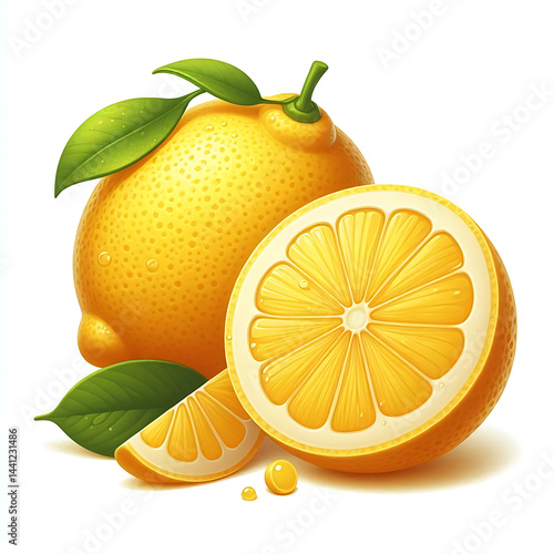 Lemon fruit with slice isolated on white background. 