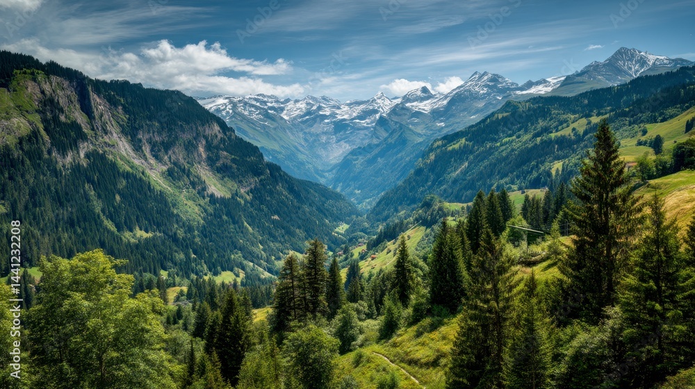 Fototapeta premium Explore the breathtaking beauty of the Swiss Alps with lush valleys and meadows Generative AI