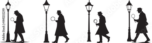 Silhouette Detective Walking with Magnifying Glass Street Lamp Vector Icon Set