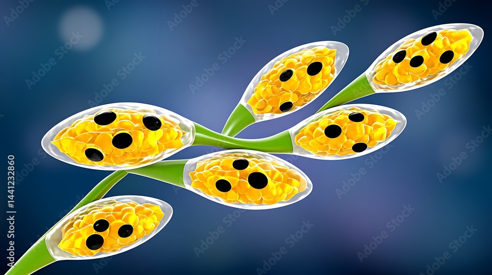 Obraz premium 3D render of fungal spores, yellow sacs with black dots, on green stem