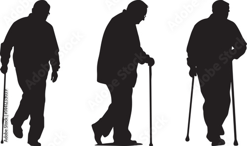 Silhouette Elderly People Walking with Canes Mobility Vector Icon Set. Elderly People with Canes Walking Silhouette Set
