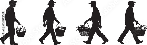 Silhouette Person Walking with Basket of Vegetables Harvest Vector Icon Set. Farmer Walking with Basket of Vegetables Silhouette Set