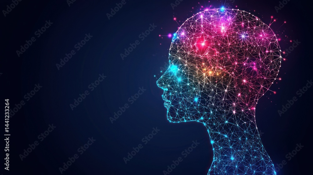 Obraz premium Networked head with glowing, colorful connections
