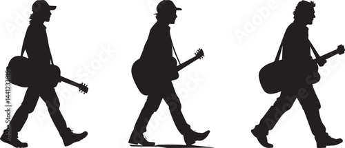 Silhouette Musician Walking with Guitar Musical Journey Vector Icon Set. Musician Walking with Guitar Silhouette Icon Set