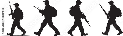 Silhouette Soldiers Walking with Rifles Military Vector Icon Set