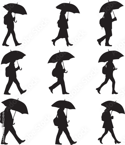Silhouette People Walking with Umbrellas Urban Rain Vector Icon Set. Urban Walkers with Umbrellas Silhouette Set