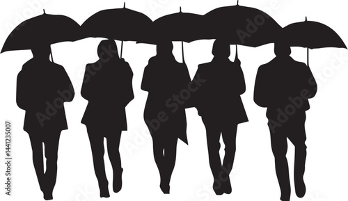 Silhouette People Walking with Umbrellas Rain Weather Vector Icon Set. People in Rain with Umbrellas Walking Vector