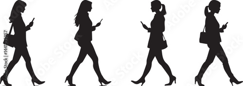 Silhouette Women Walking with Smartphones Casual Urban Vector Icon Set. Urban Women Walking and Using Smartphones Silhouette