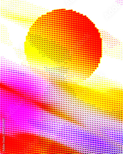 Abstract halftone dots pattern background, resembling the sun and clouds at sunset.