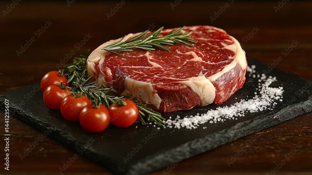 Fresh Raw Ribeye Steak with Cherry Tomatoes and Rosemary on Dark Slate Fresh Raw Ribeye Steak with Cherry Tomatoes and Rosemary on Dark Slate
