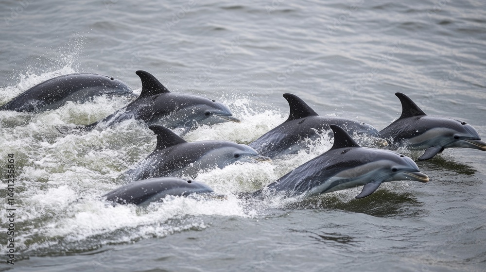 Fototapeta premium a pod of dolphins swimming in the open ocean - ai