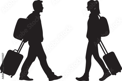 Silhouette People Walking with Suitcases Travel Vacation Vector Icon. Vacation Journey with Luggage Silhouette Icons