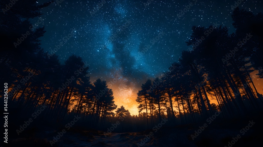 Naklejka premium Stargazing through the forest canopy, celestial brilliance over a serene natural setting.
