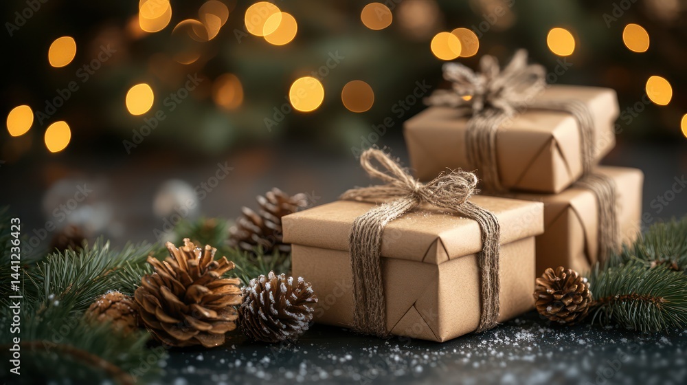 Rustic charm: Stacked christmas gifts with twinkling lights and pinecone embellishments Rustic charm: Stacked christmas gifts with twinkling lights and pinecone embellishments
