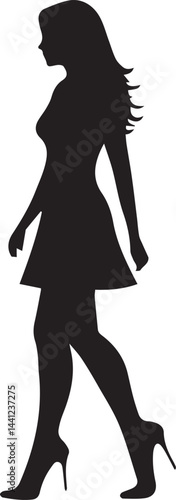 Silhouette Woman Walking in Dress and High Heels Vector Icon Set