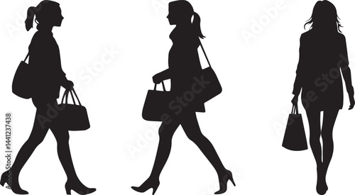 Silhouette Woman Walking with Handbag Fashion Lifestyle Vector Icon Set
