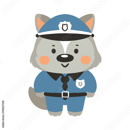 Cute Cartoon Wolf Mascot Dressed as Police Officer Illustration Clipart