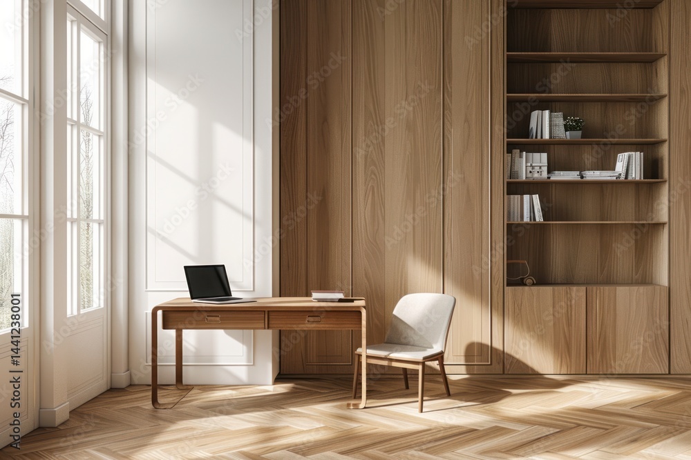 Fototapeta premium bright minimalist home office with wooden desk, single chair, built-in wooden shelves, large windows casting natural light and shadows on herringbone wooden floor, calm atmosphere