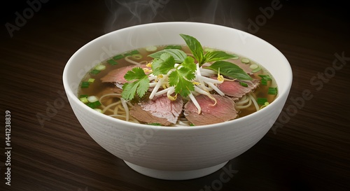 A steaming bowl of pho with beef slices, bean sprouts, and herbs in a white bowl on a dark background