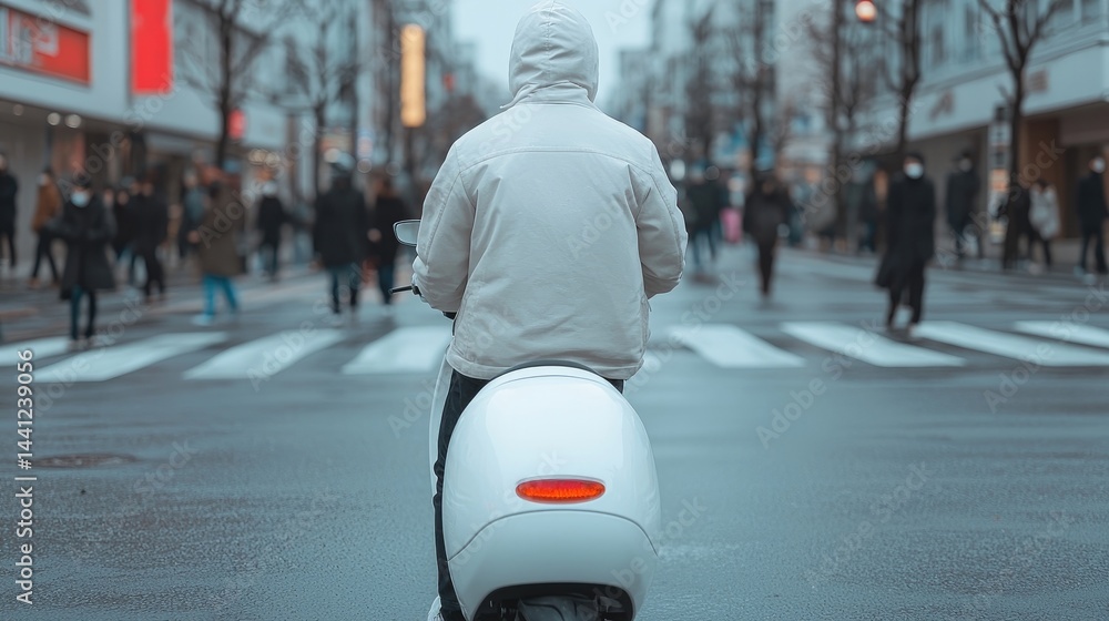 Fototapeta premium Person on a scooter in a city street. A person wearing a light beige jacket rides a white scooter on a city street. Pedestrians cross the street