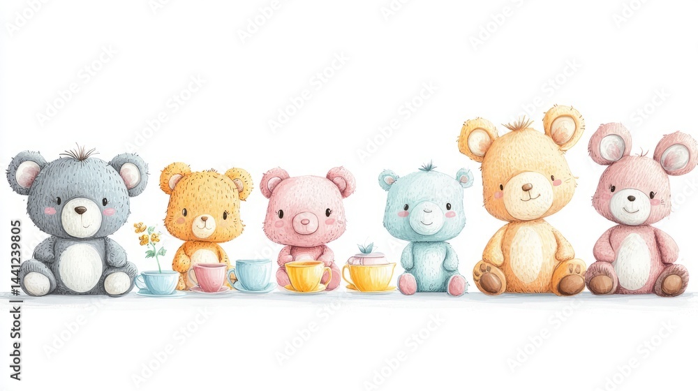 Naklejka premium Adorable Cartoon Animals with Tea Cups for Kids Coloring Book Page