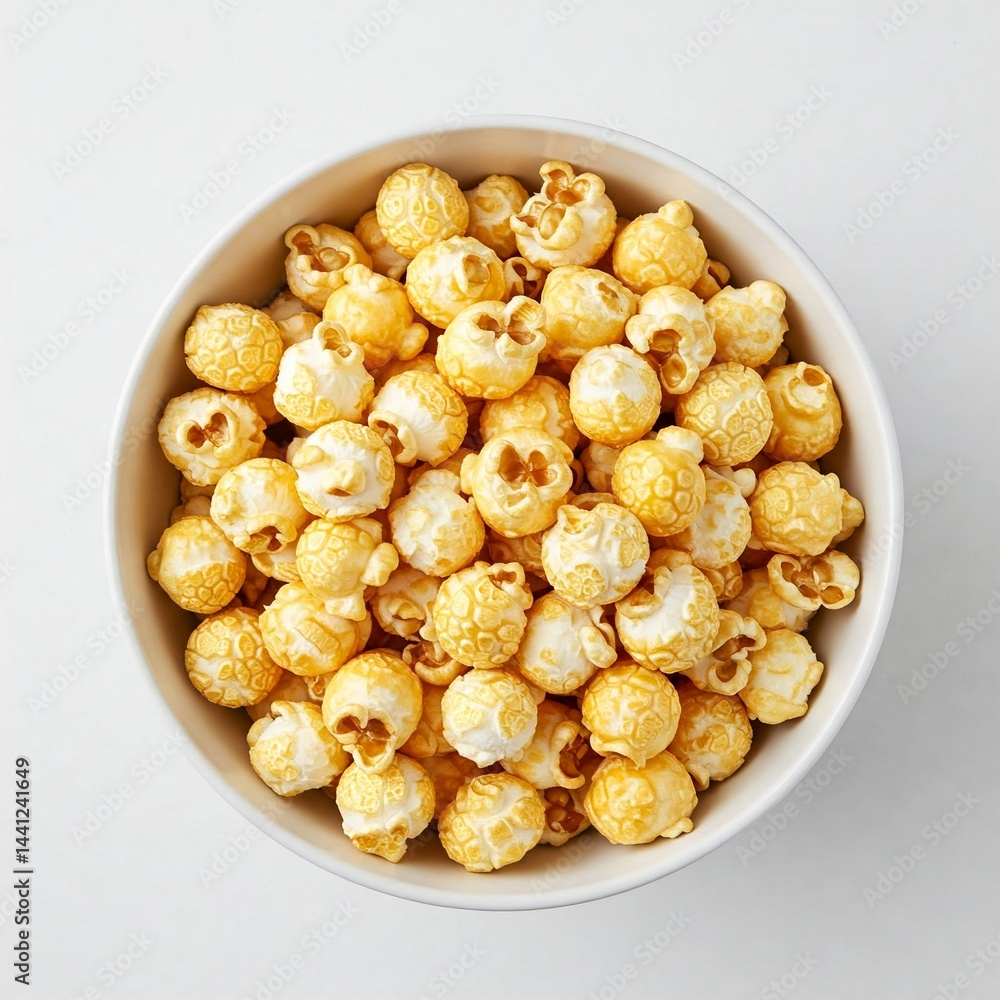 Top view of popcorn in a bowl on the white background with copy space. Top view of popcorn in a bowl on the white background with copy space.