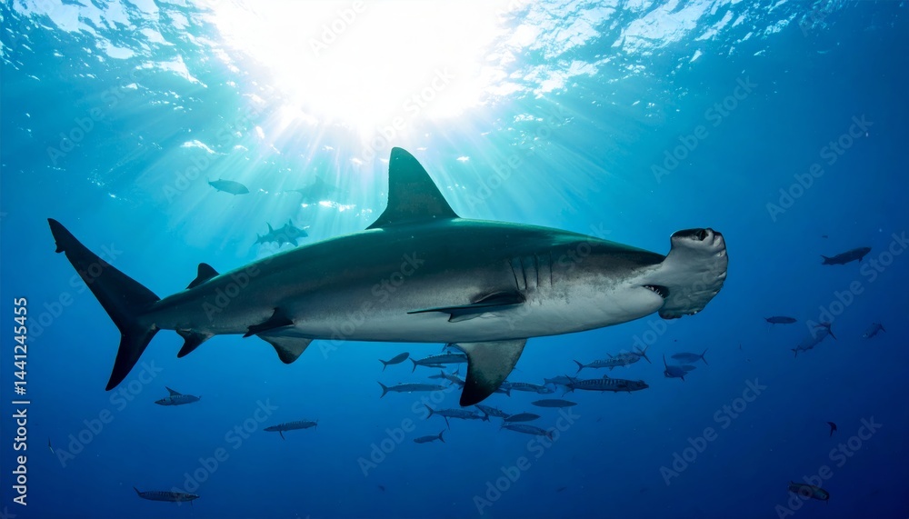 Fototapeta premium Majestic Hammerhead Shark Underwater Sunlight Ocean