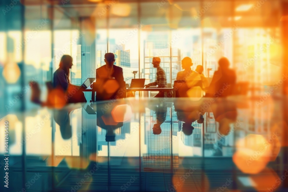 silhouettes of business people working and collaborating in a modern office with large windows overlooking a cityscape bathed in warm sunlight, creating a calm and focused atmosphere silhouettes of business people working and collaborating in a modern office with large windows overlooking a cityscape bathed in warm sunlight, creating a calm and focused atmosphere