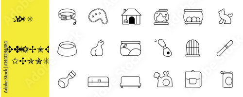 Collection of outline pet icons including a dog collar, cat, birdcage and other pet related objects