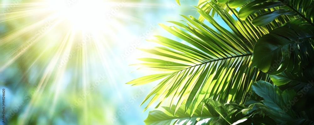 Obraz premium Sunlight filtering through tropical foliage.