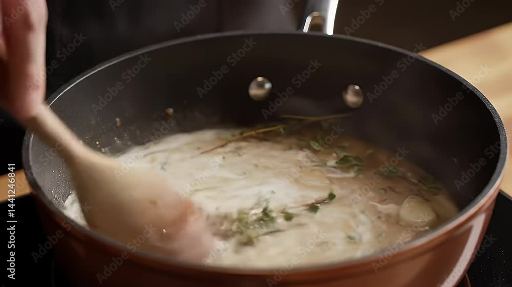Stirring Potatoes and Herbs in Pot During Cooking Process Stirring Potatoes and Herbs in Pot During Cooking Process