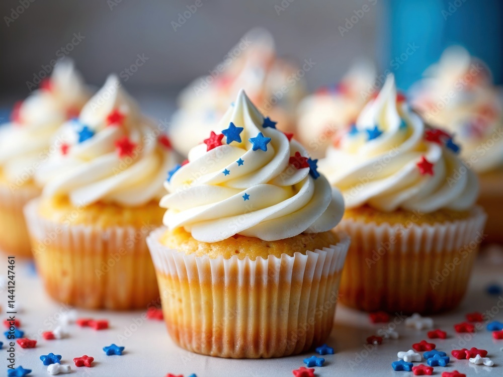 Delicious cupcakes with creamy frosting swirl topped with colorful star sprinkles bring a festive atmosphere to a cheerful gathering, perfect for celebrations and special occasions.