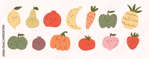 Set of cute smiling fruits and vegetables in flat cartoon style. Perfect for kids designs, educational materials, stickers, packaging, and greeting cards