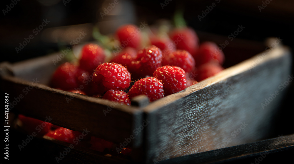 Fresh red raspberries in a small wooden crate.