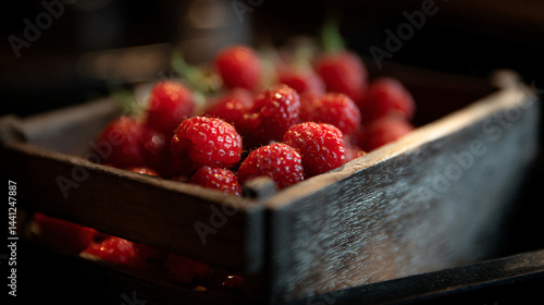 Obraz na płótnie Fresh red raspberries in a small wooden crate. w salonie