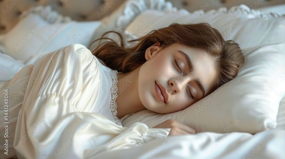 woman resting peacefully on a white bed with elegant satin sheets and lace-trimmed white nightgown, capturing a serene and calm atmosphere woman resting peacefully on a white bed with elegant satin sheets and lace-trimmed white nightgown, capturing a serene and calm atmosphere