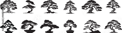Set of Beautiful bonsai tree, Japanese Tree Silhouette.