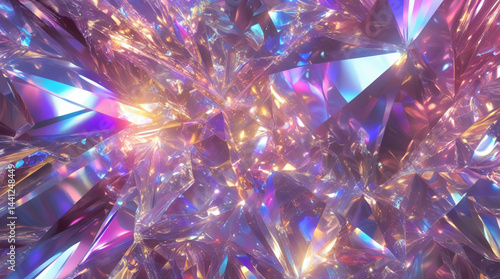 A dazzling abstract of sharp, crystalline shapes in iridescent hues of pink, purple, blue, and gold, creating a shimmering and multifaceted texture.







